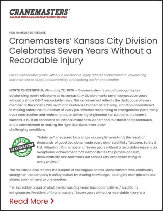 Cranemasters’ Kansas City Division Celebrates Seven Years Without a Recordable Injury